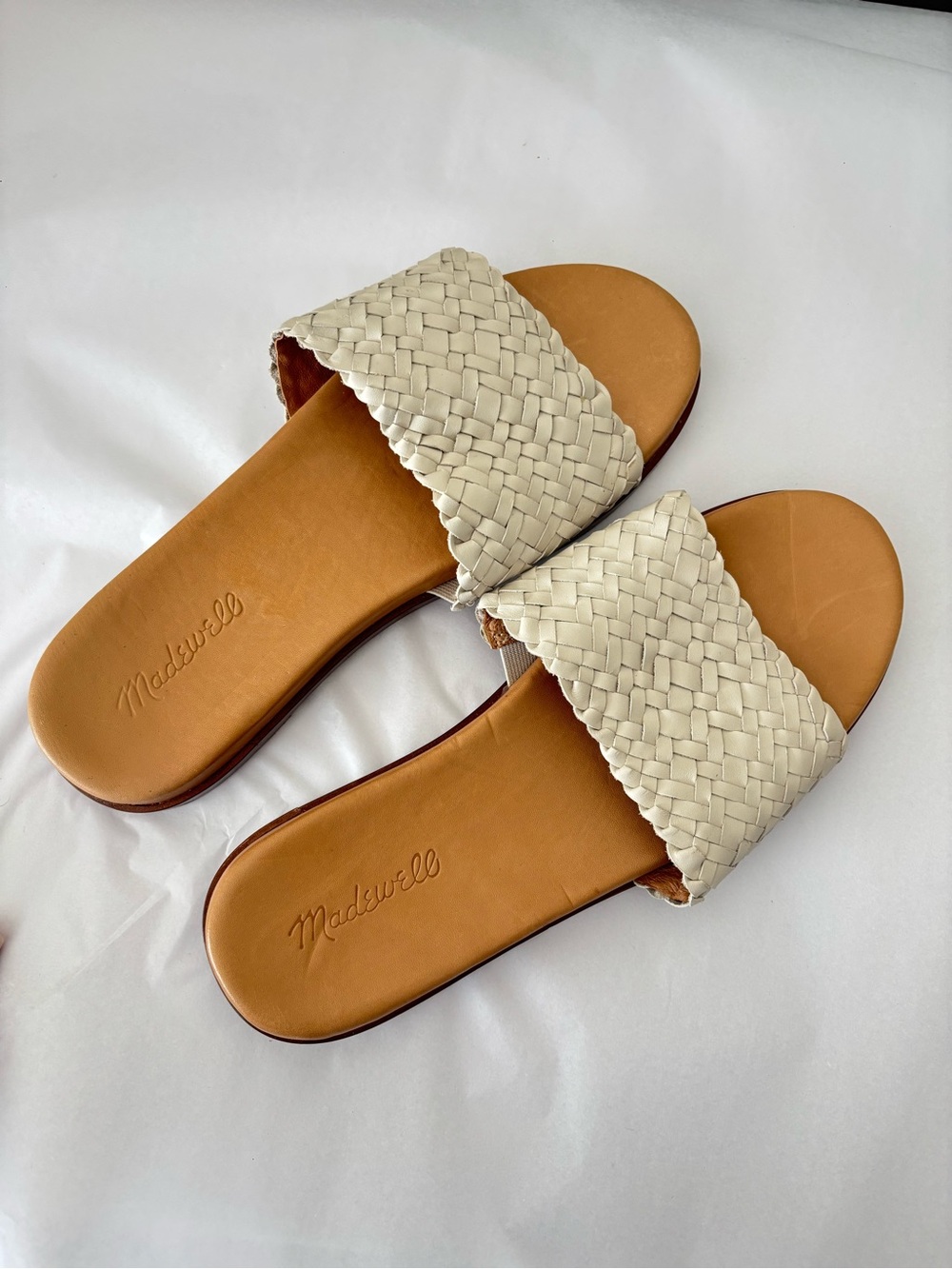 NEW Madewell Tan Leather Cream White Braided Slide Summer Sandals Size 8.5 - Picture 1 of 4